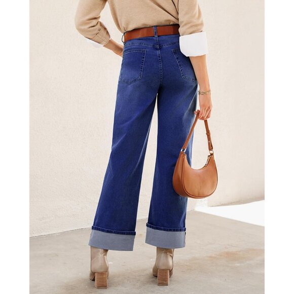 Wide Leg Denim Jeans Women High Waisted Cuffed Stretchy Casual Pants - Picture 2 of 6